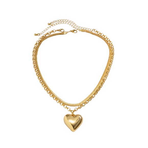 Layered Gold Heart Necklace Set – Adjustable Double Chain with Bold Heart Pendan - Picture 1 of 3